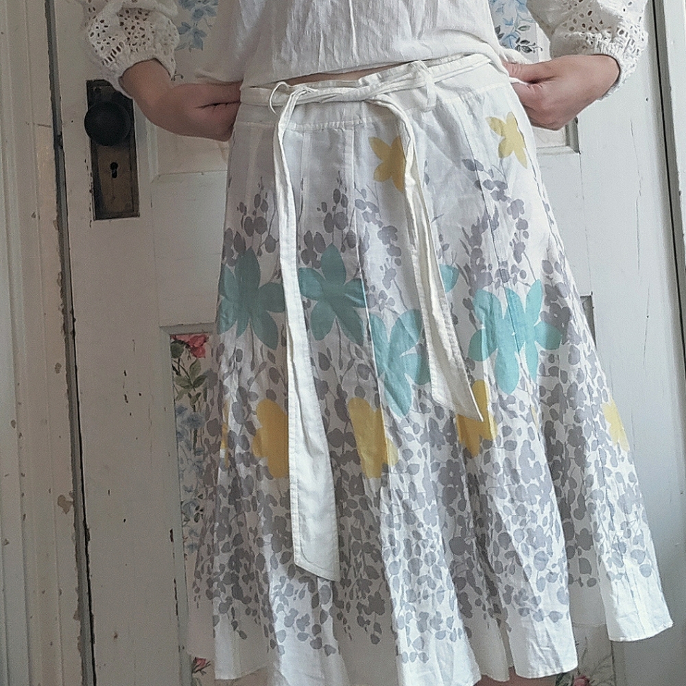 Midi Skirt 100% Cotton Floral Flared